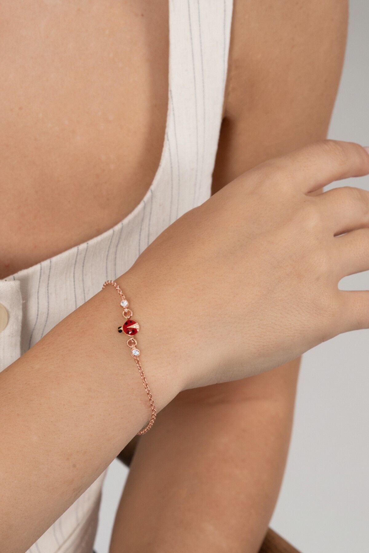 925 ayar gümüş bileklik rose zirkon taşlı kırmızı mineli uğur böceği çocuk bileklik SGTL13175ROSE