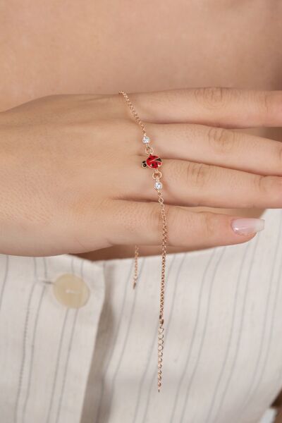 925 ayar gümüş bileklik rose zirkon taşlı kırmızı mineli uğur böceği çocuk bileklik SGTL13175ROSE