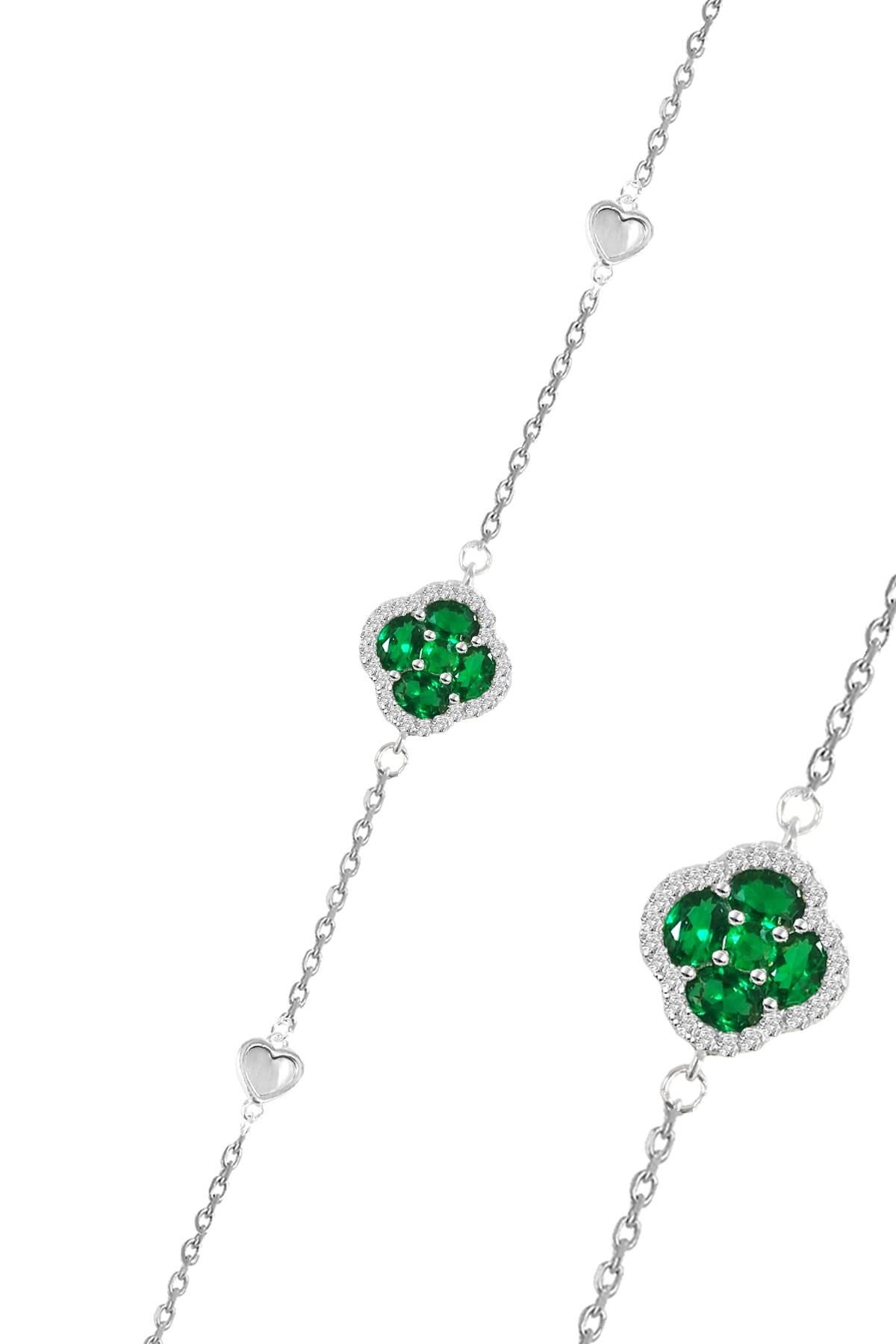 Gümüş rodyumlu sedef,yeşil ve zirkon taşlı şanslı kalpler yonca bileklik SGTL12643YESIL