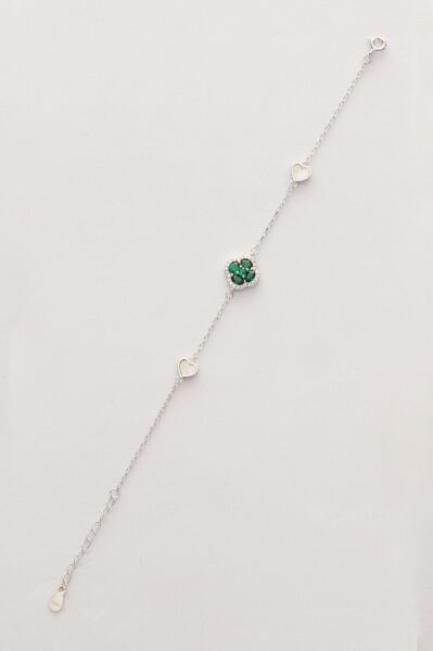 Gümüş rodyumlu sedef,yeşil ve zirkon taşlı şanslı kalpler yonca bileklik SGTL12643YESIL