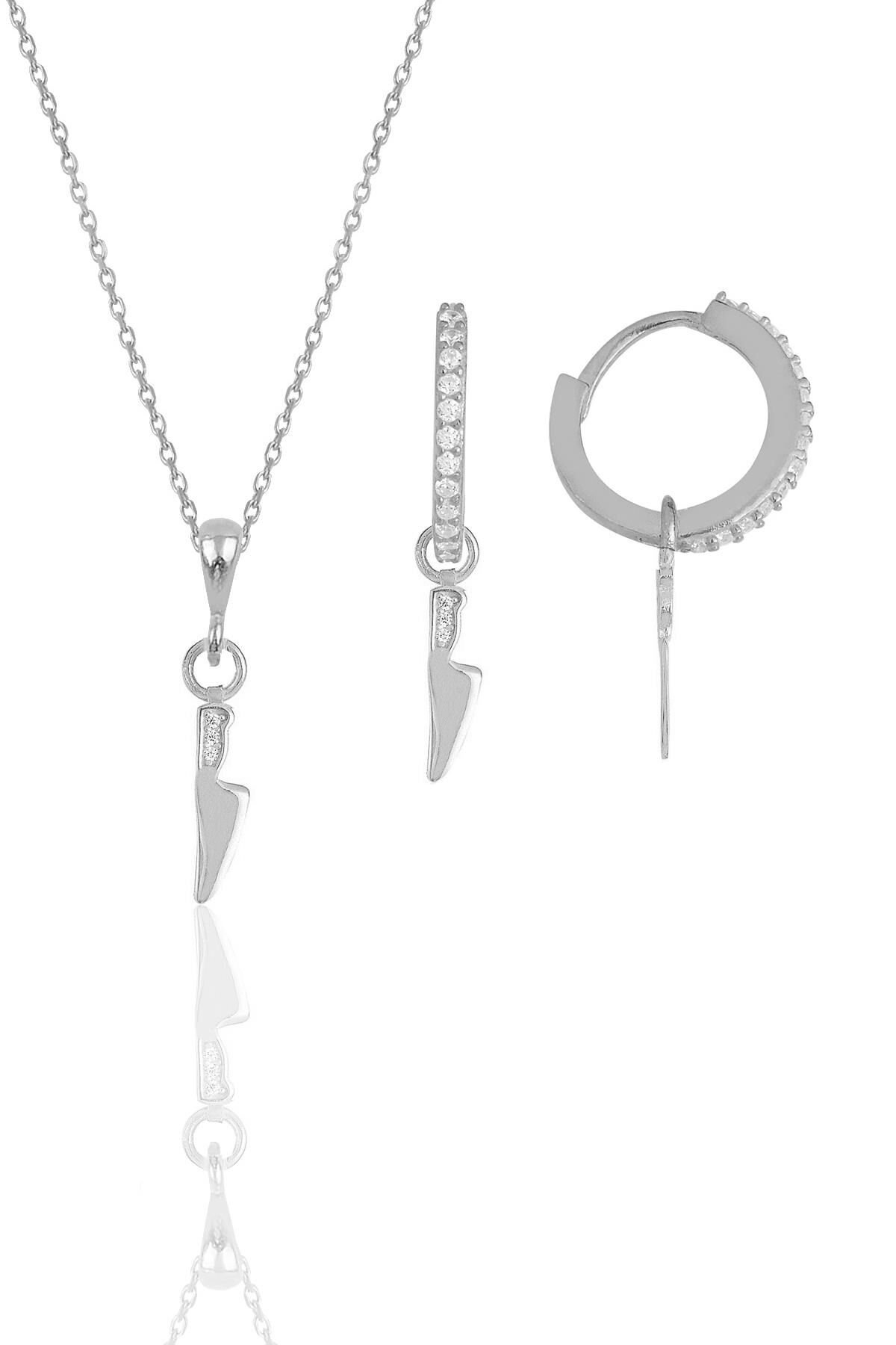 Gümüş rodyumlu zirkon taşlı bıçak modeli kolye ve küpe ikili set SGTL11882RODAJ