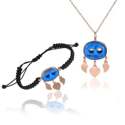 Gümüş rose süryani nazar boncuğu kolye ve bileklik ikili set SGTL11308ROSE