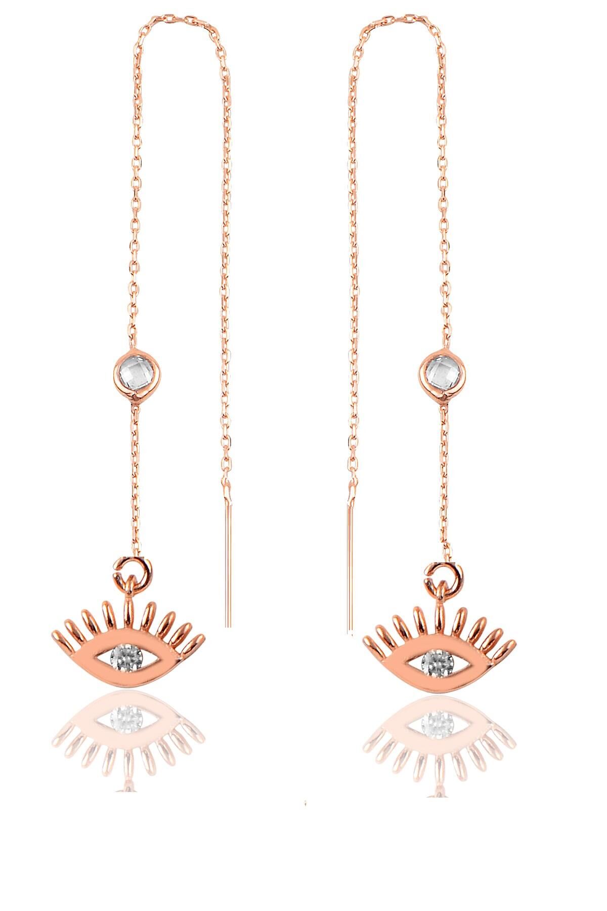 Gümüş  taşlı zincirli küpe kirpi göz modeli SGTL9862ROSEGÖZ