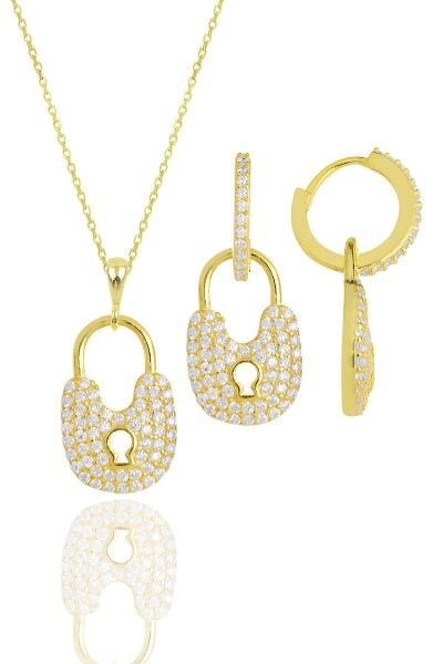 Gümüş altın yaldızlı zirkon taşlı kilit kolye ve küpe ikili set SGTL11881GOLD