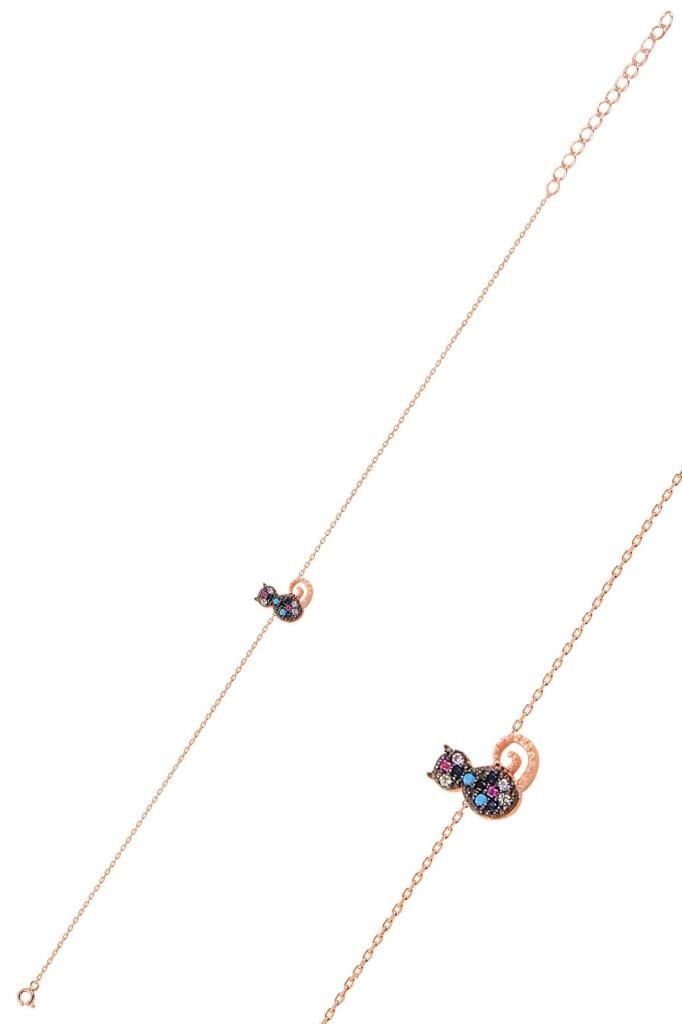 Gümüş rose renkli taşlı kedi bileklik SGTL10836RNK