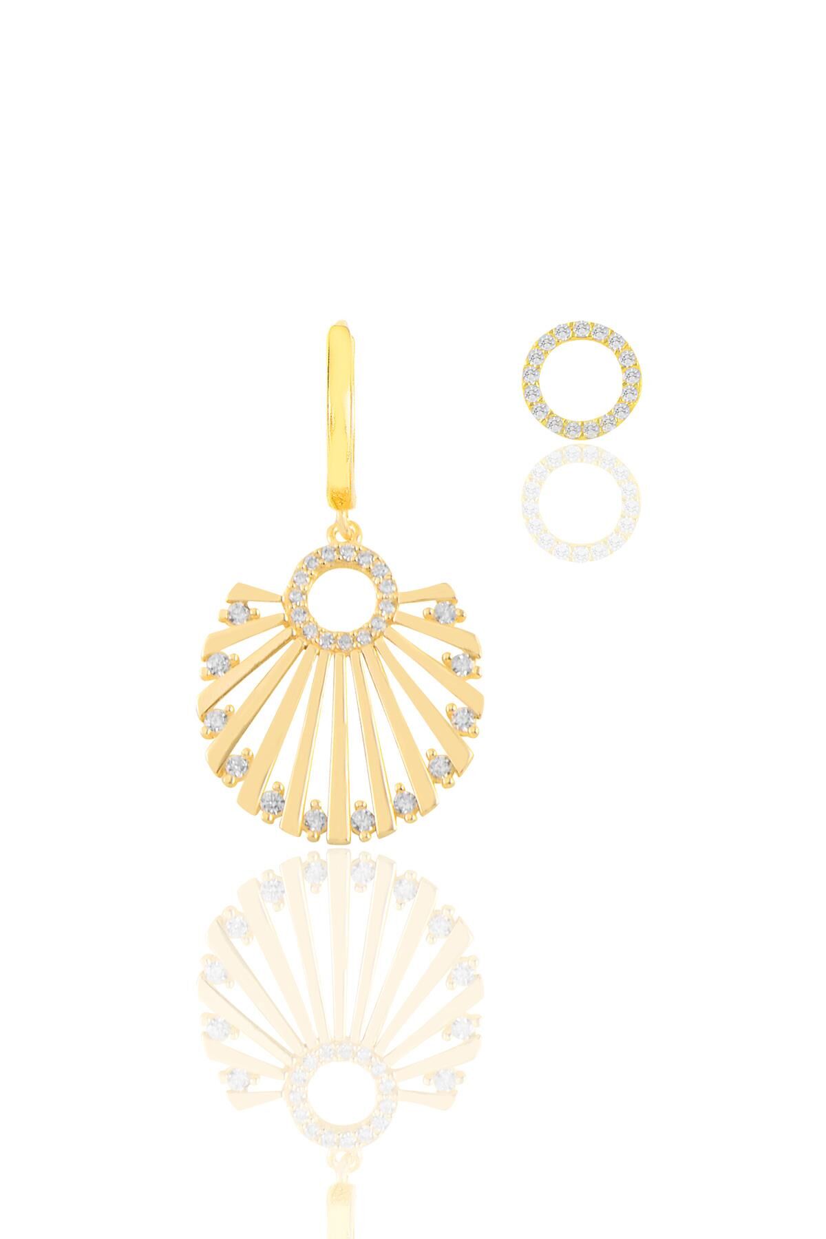 Gümüş altın yaldızlı zirkon taşlı midye kombin küpe SGTL11773GOLD