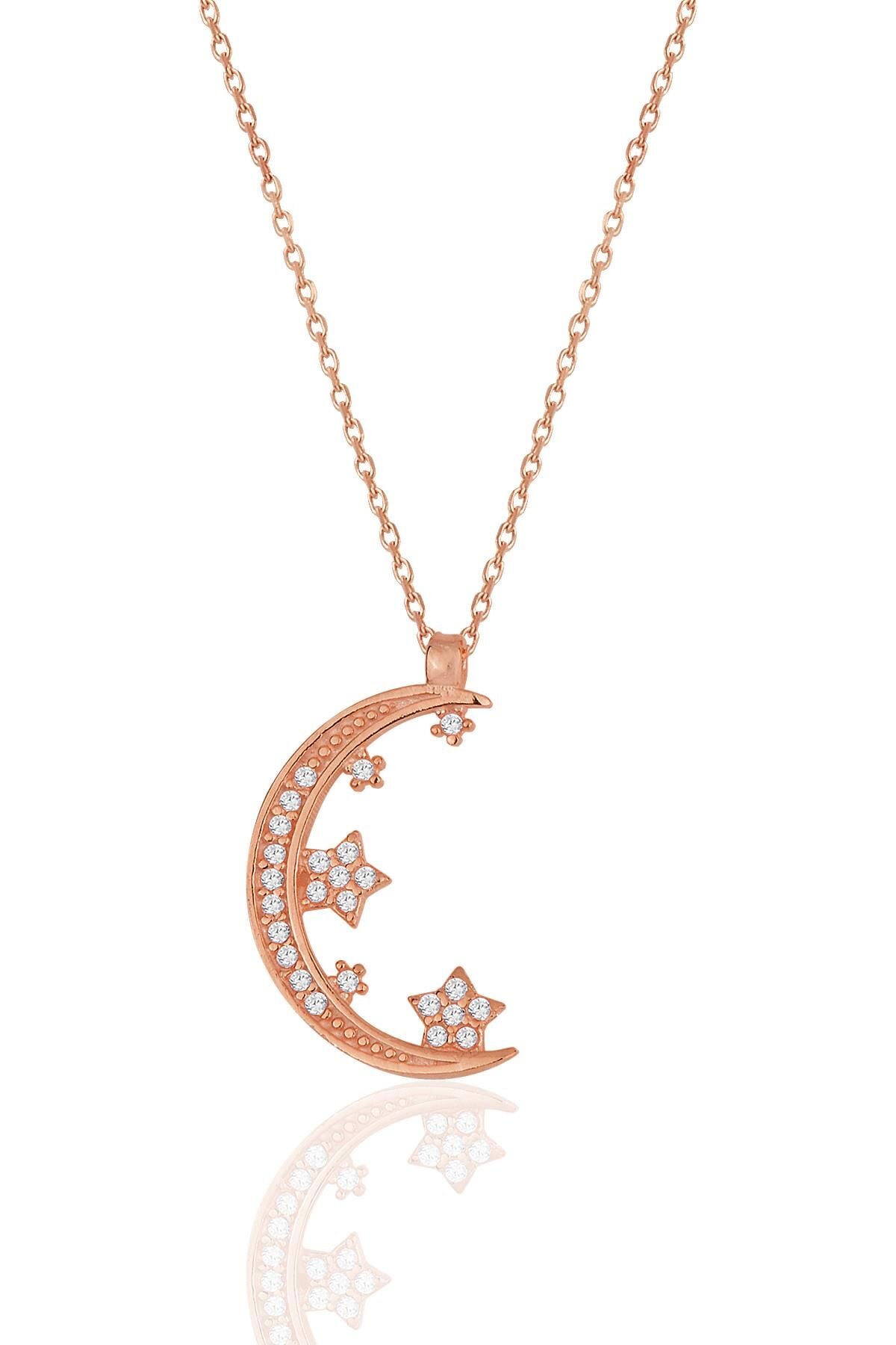 Gümüş rose zirkon taşlı yeni ay ve yıldızlar kolye SGTL11977ROSE