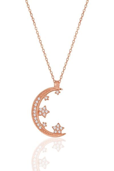 Gümüş rose zirkon taşlı yeni ay ve yıldızlar kolye SGTL11977ROSE