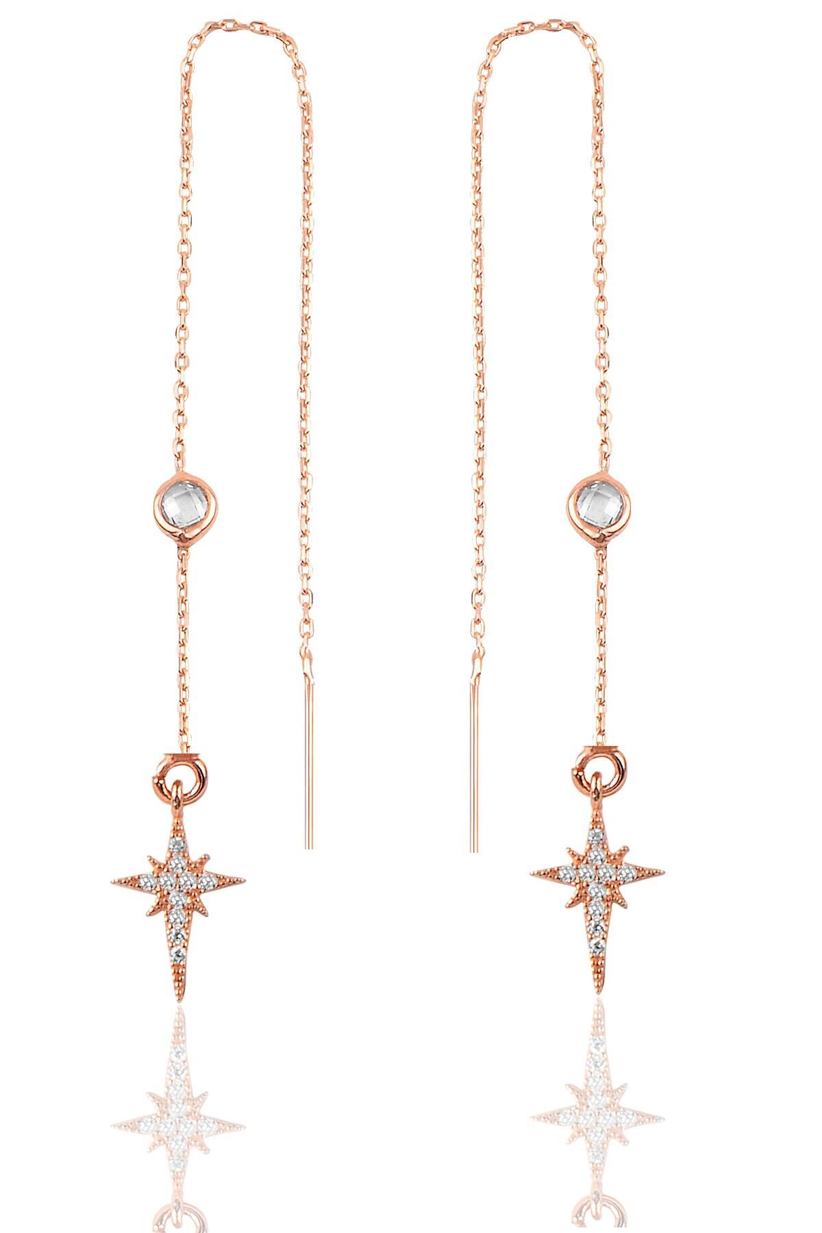 Gümüş  taşlı zincirli küpe zirkon taşlı kutup yıldız modeli SGTL9862ROSEKUTUP