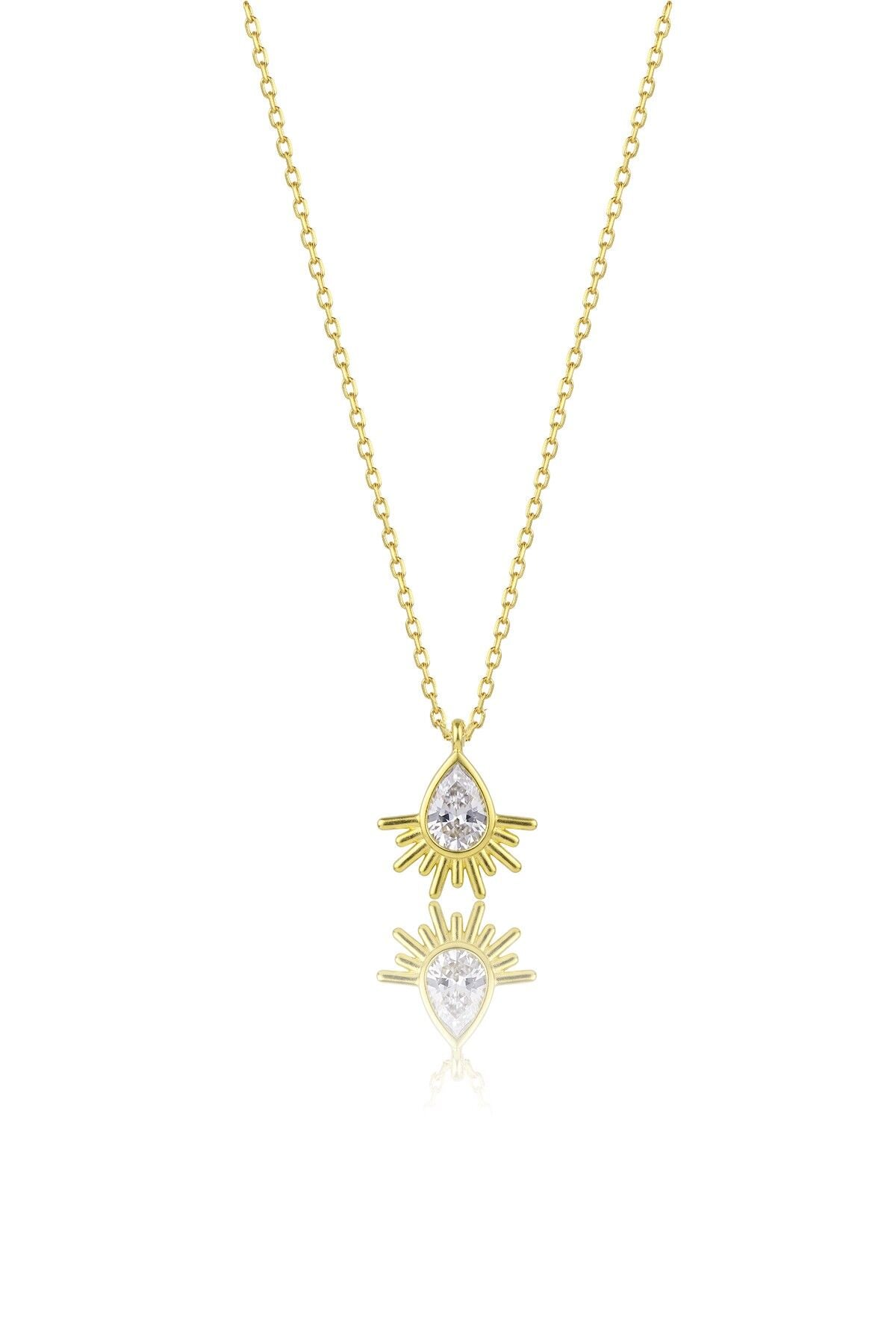 925 Ayar Gümüş Kolye Altın Kaplama Damla Kesim Taşlı Güneş Işını Minimal Şans Kolye SGTL13610GOLD