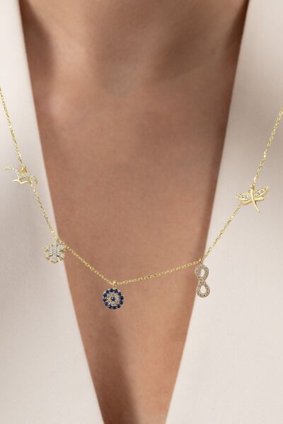 925 ayar gümüş kolye altın yaldızlı zirkon taşlı nazarlı şans kolyesi SGTL13181GOLD