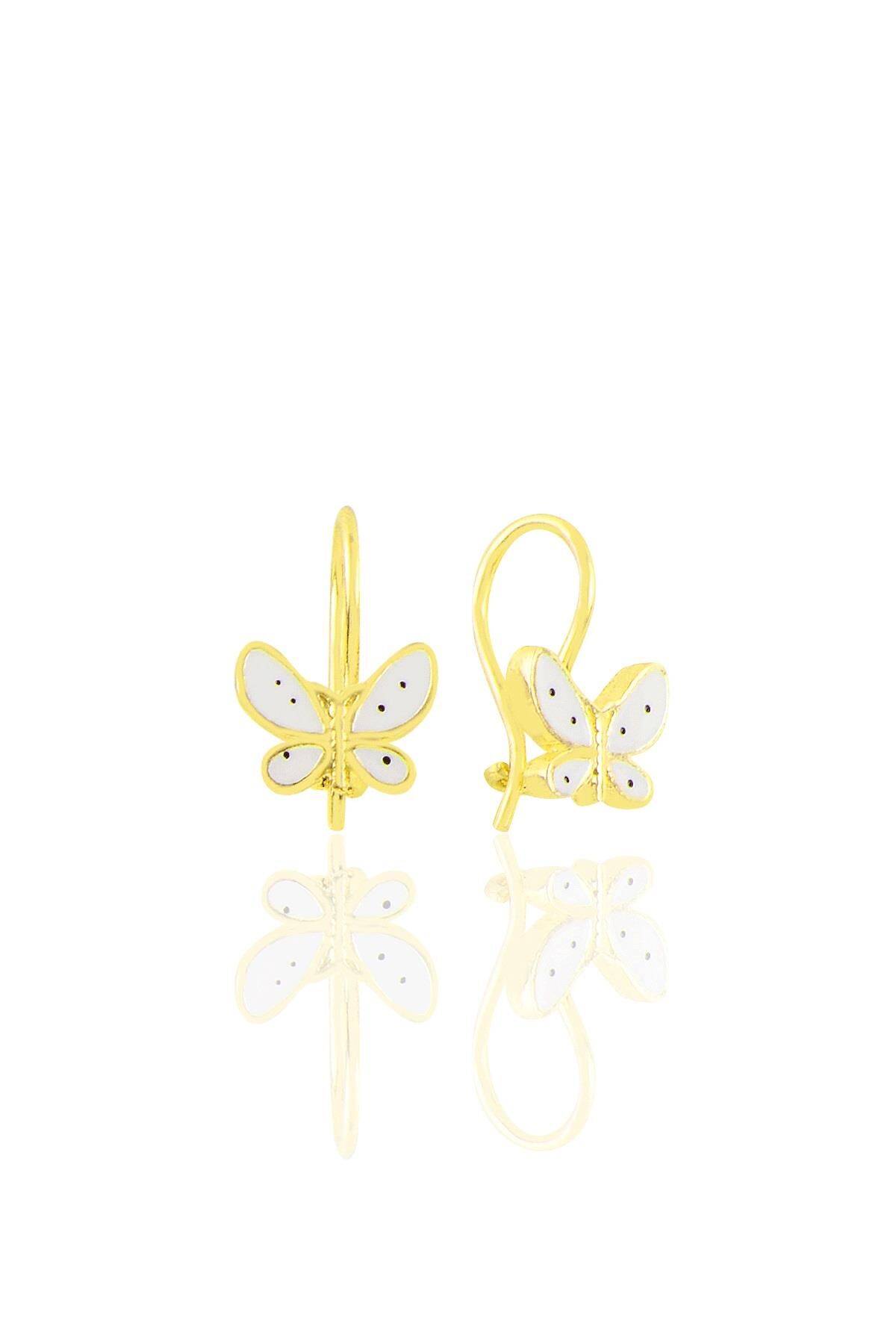 Gümüş altın yaldızlı beyaz mineli çengelli gümüş kelebek küpe SGTL11304BEYAZ