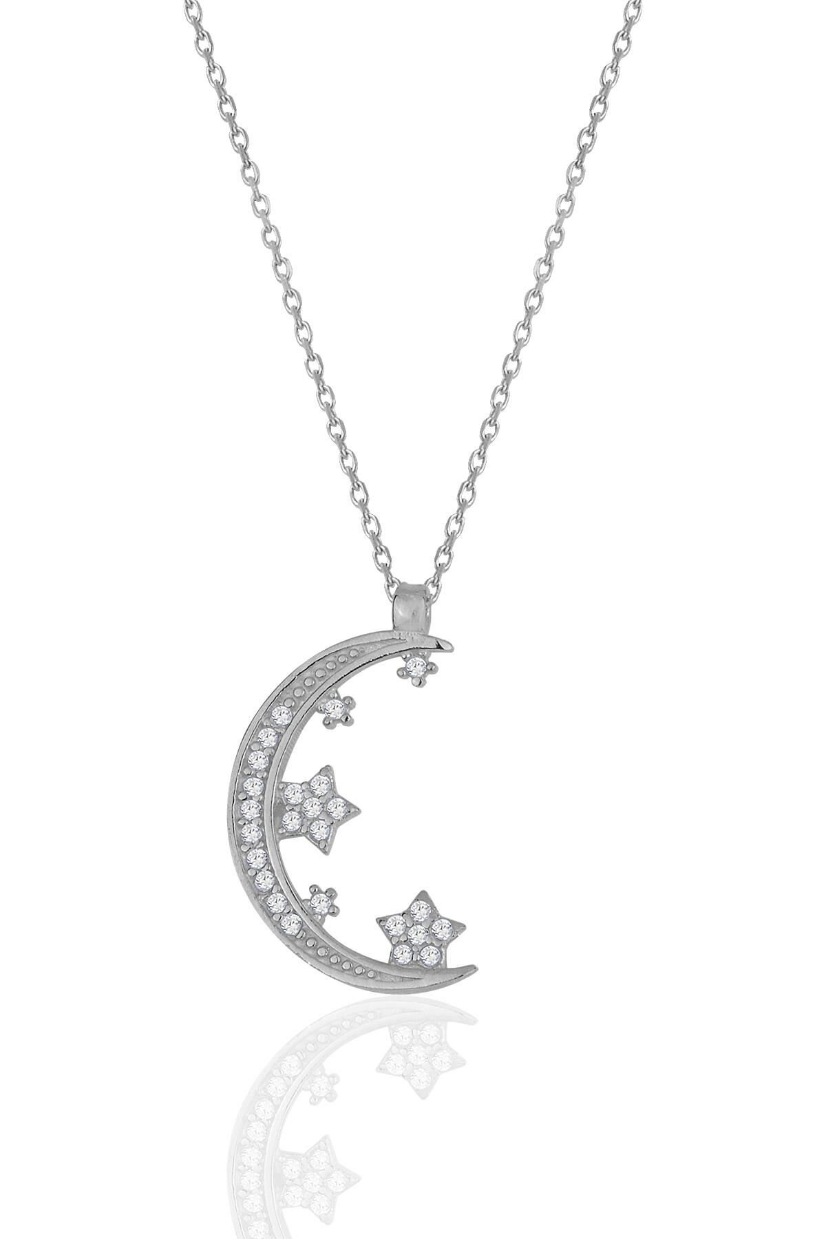 Gümüş rodyumlu zirkon taşlı yeni ay ve yıldızlar kolye SGTL11977RODAJ
