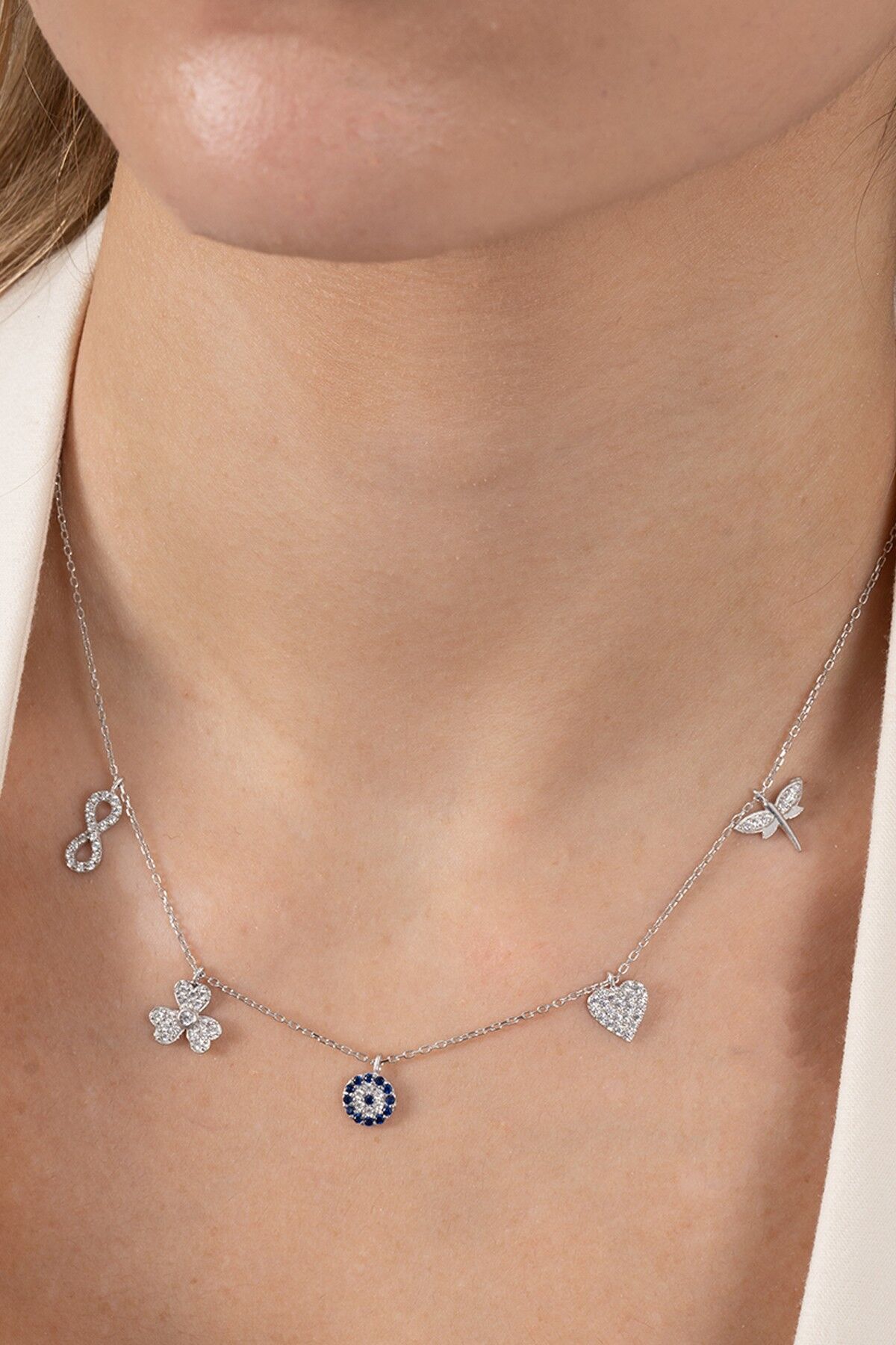 925 ayar gümüş kolye rodyumlu zirkon taşlı nazarlı şans kolyesi SGTL13181RODAJ