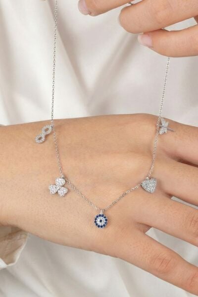 925 ayar gümüş kolye rodyumlu zirkon taşlı nazarlı şans kolyesi SGTL13181RODAJ