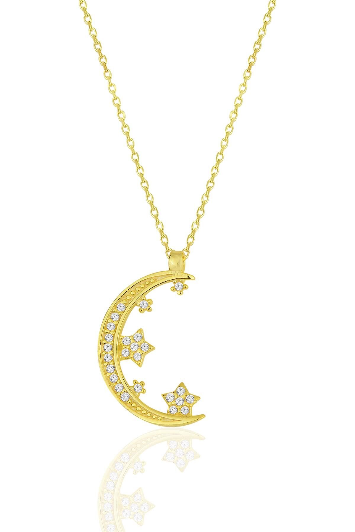 Gümüş altın yaldızlı zirkon taşlı yeni ay ve yıldızlar  kolye SGTL11977GOLD