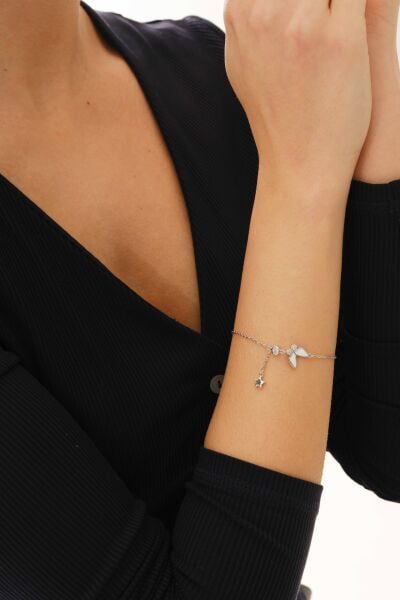 Gümüş rodyumlu zirkon taşlı, mineli kelebek ve yıldız ışıltısı kadın bileklik SGTL12647RODAJ