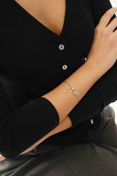 Gümüş rodyumlu zirkon taşlı, mineli kelebek ve yıldız ışıltısı kadın bileklik SGTL12647RODAJ