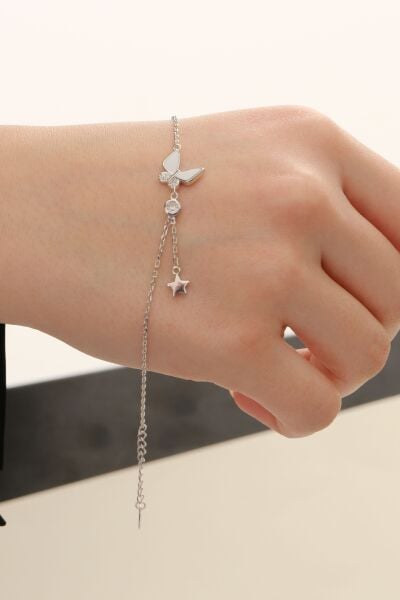 Gümüş rodyumlu zirkon taşlı, mineli kelebek ve yıldız ışıltısı kadın bileklik SGTL12647RODAJ