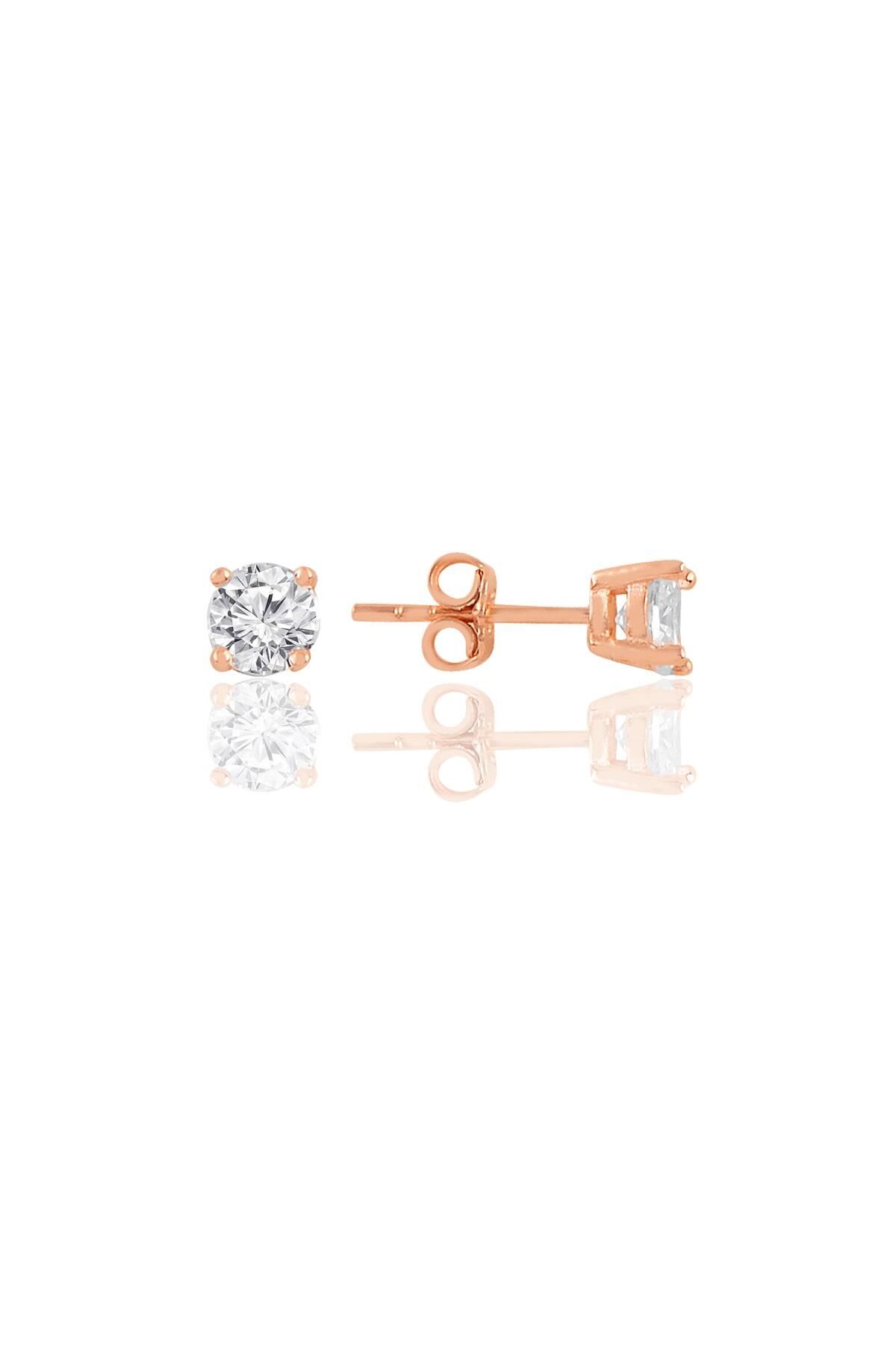 Gümüş rose  pırlanta montürlü 5 mm tek taş küpe SGTL11303ROSE