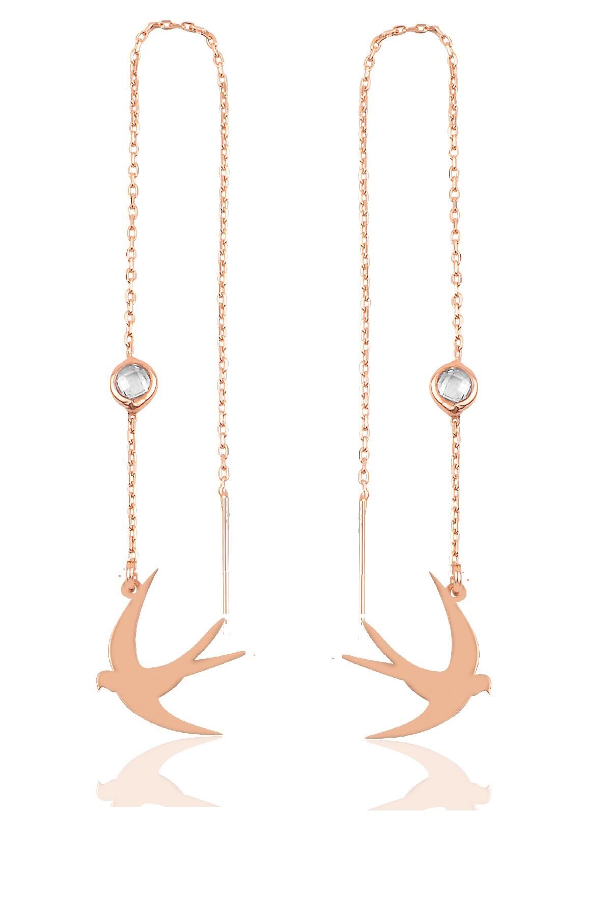 Gümüş  taşlı zincirli küpe Martı modeli SGTL9862ROSEMARTI