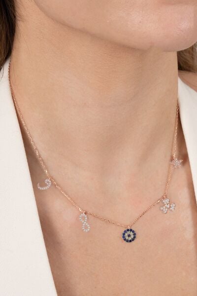 925 ayar gümüş kolye rose zirkon taşlı nazarlı şans kolyesi SGTL13181ROSE