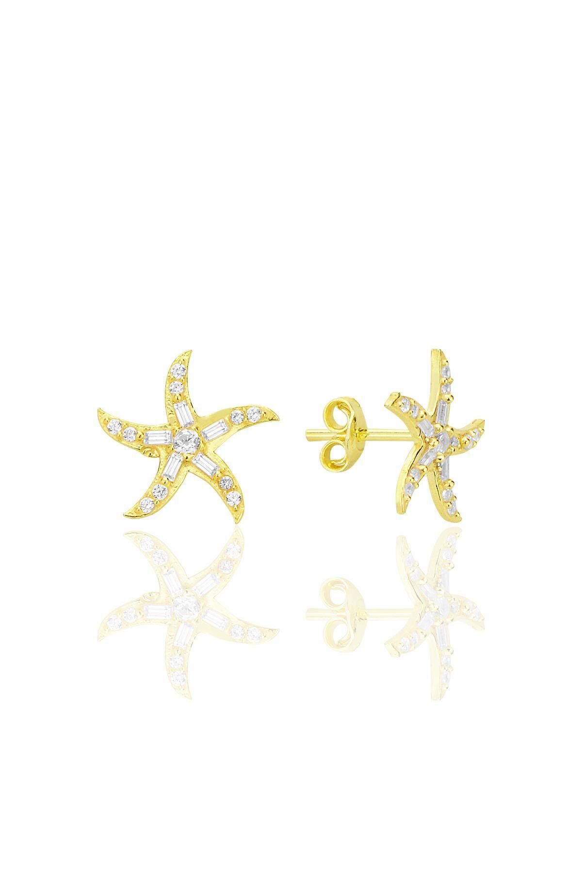 Gümüş altın yaldızlı baget kesim zirkon taşlı deniz yıldızı küpe SGTL12711GOLD