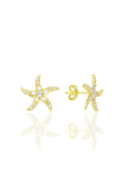 Gümüş altın yaldızlı baget kesim zirkon taşlı deniz yıldızı küpe SGTL12711GOLD