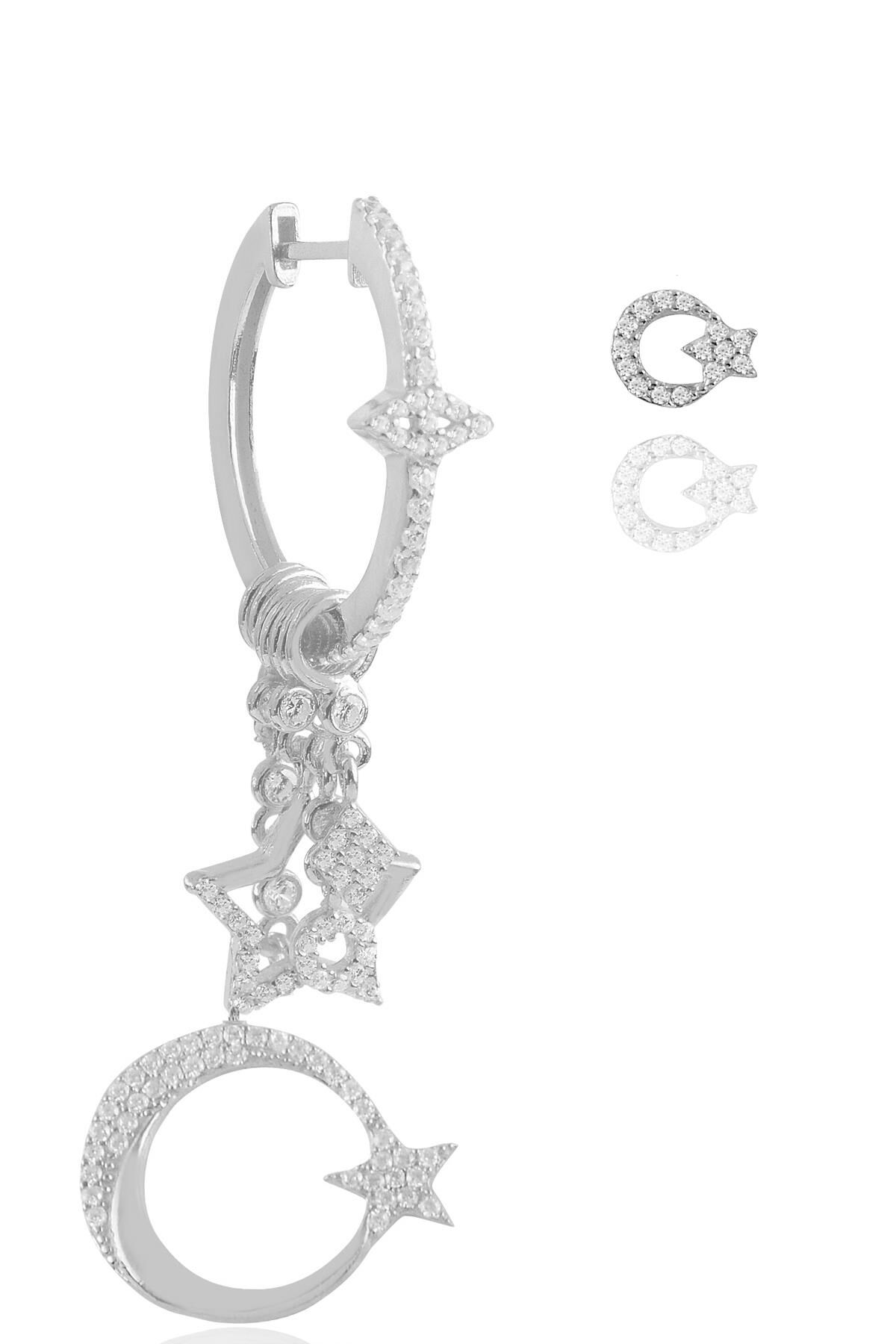 Gümüş rodyumlu zirkon taşlı  ay yıldız şans küpe SGTL11767RODAJ