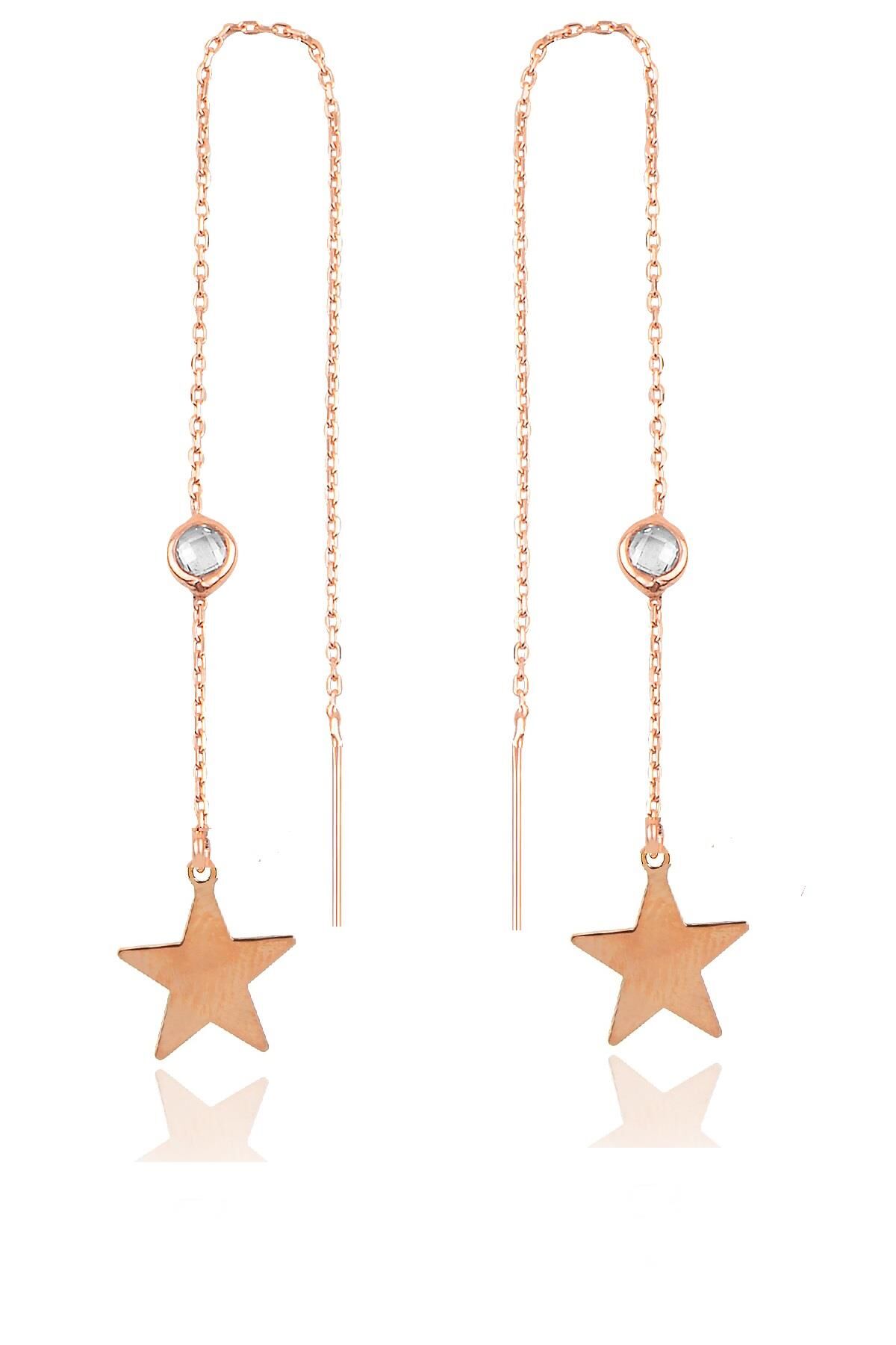 Gümüş  taşlı zincirli küpe  yıldız modeli SGTL9862ROSEYILDIZ