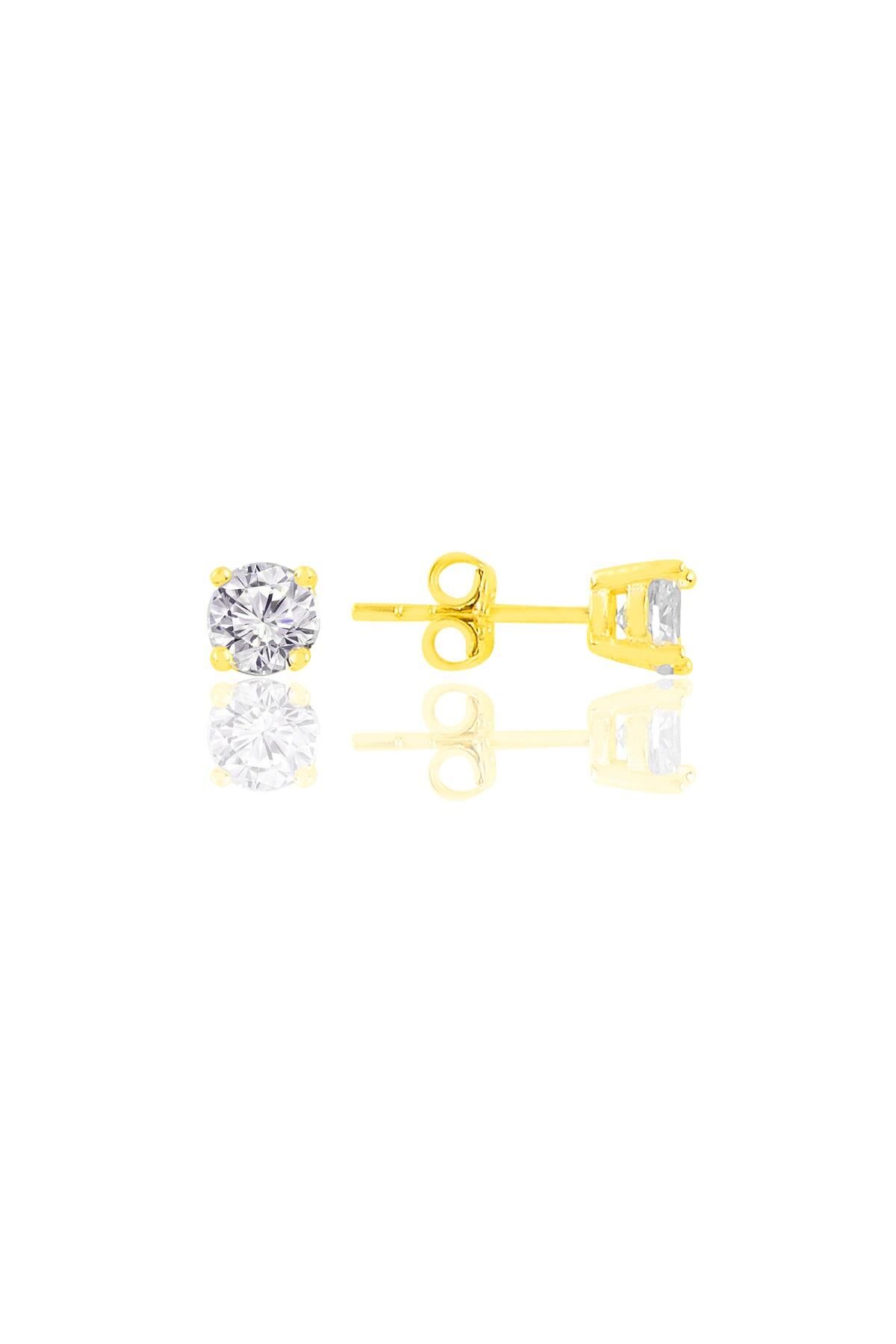 Gümüş altın yaldızlı pırlanta montürlü 5 mm tek taş küpe SGTL11303GOLD