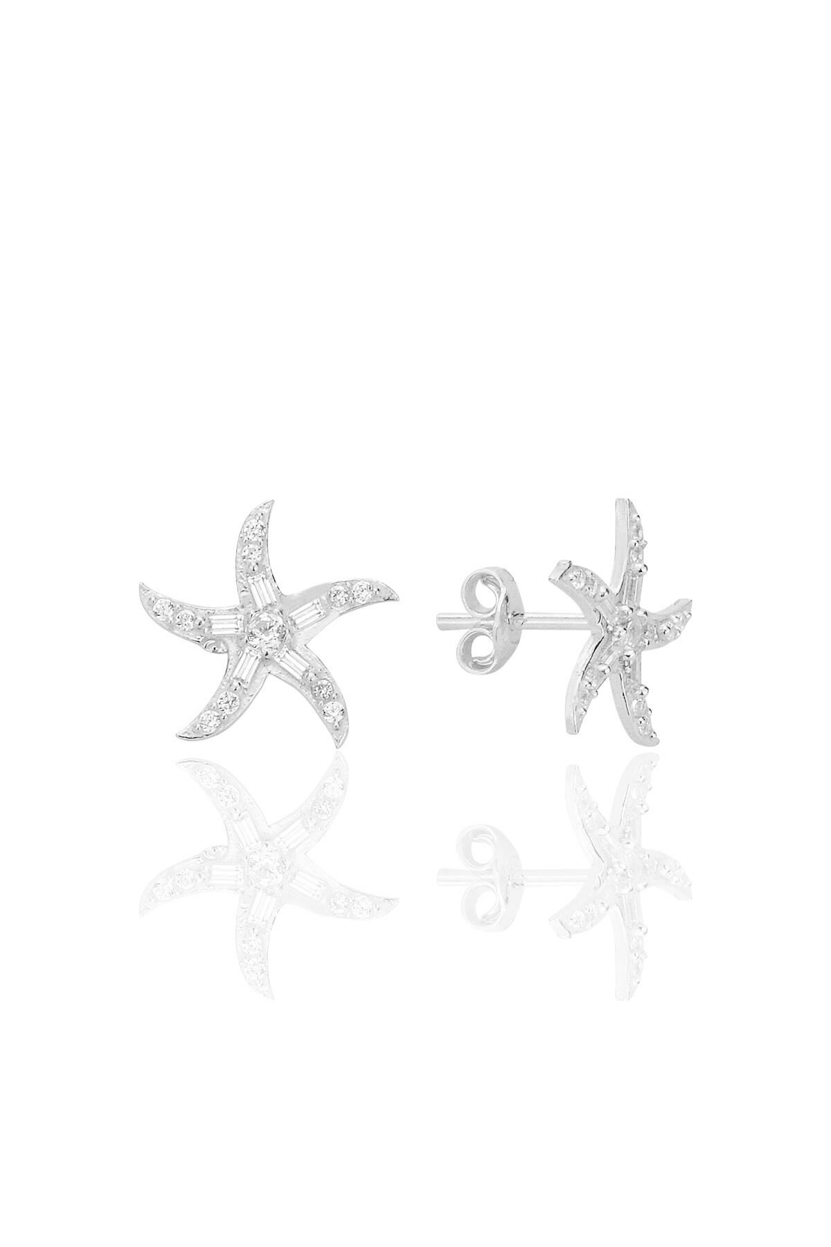 Gümüş rodyumlu baget kesim zirkon taşlı deniz yıldızı küpe SGTL12711RODAJ