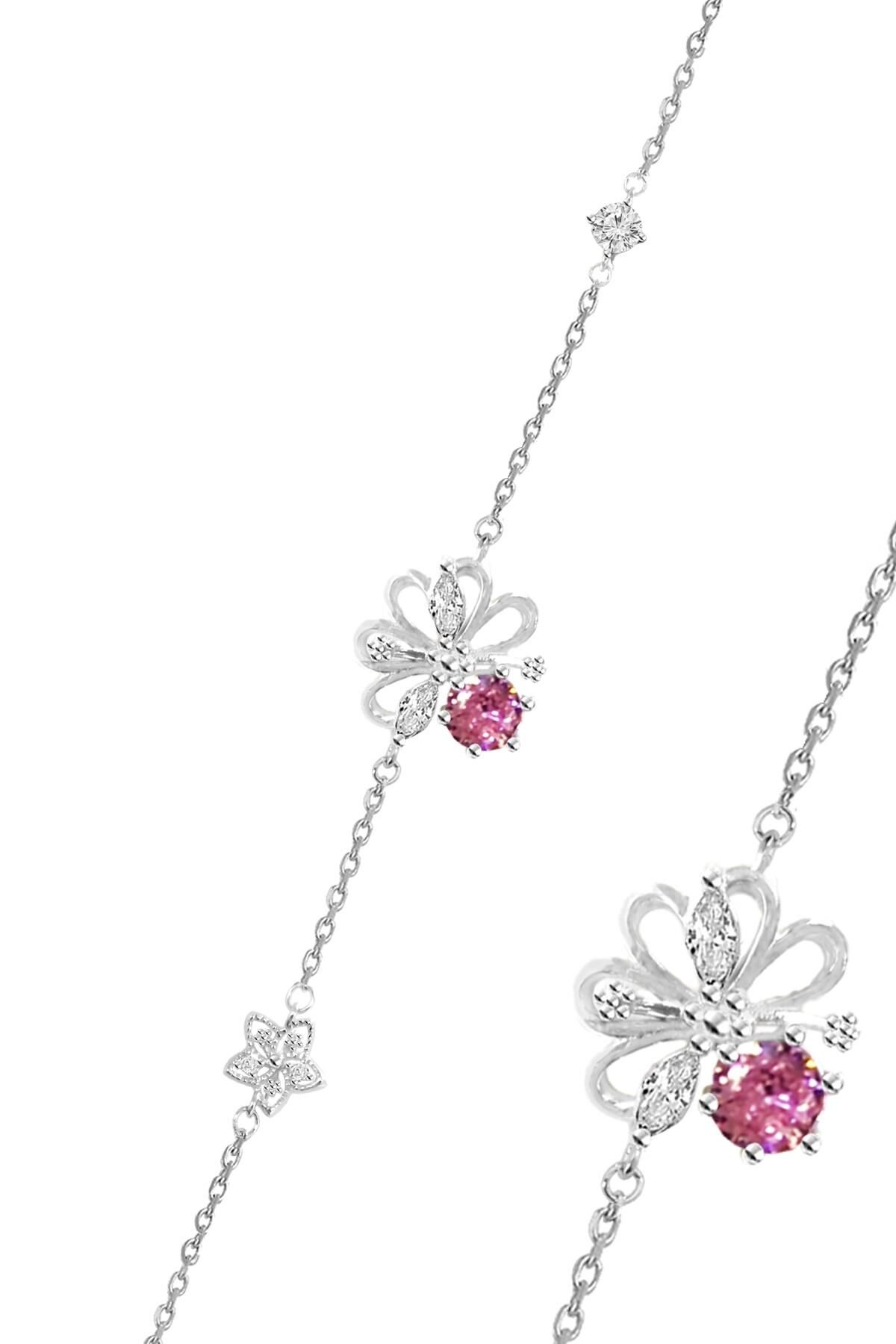 Gümüş rodyumlu pembe zirkon taşlı büyülü çiçekler kadın bileklik SGTL12648PEMBE