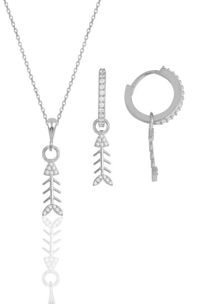 Gümüş rodyumlu zirkon taşlı balık kılçığı modeli kolye ve küpe ikili set SGTL11879RODAJ