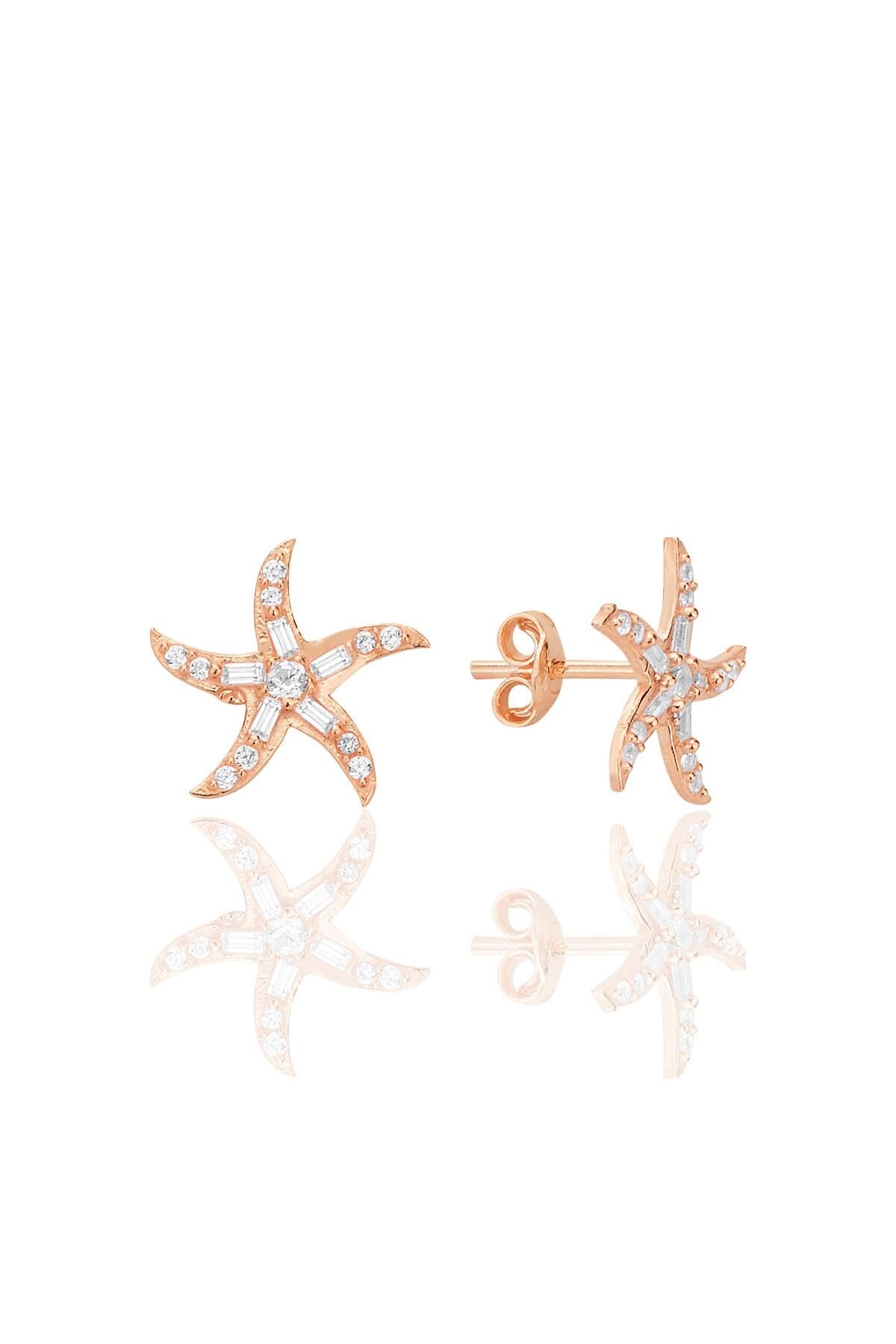 Gümüş rose baget kesim zirkon taşlı deniz yıldızı küpe SGTL12711ROSE