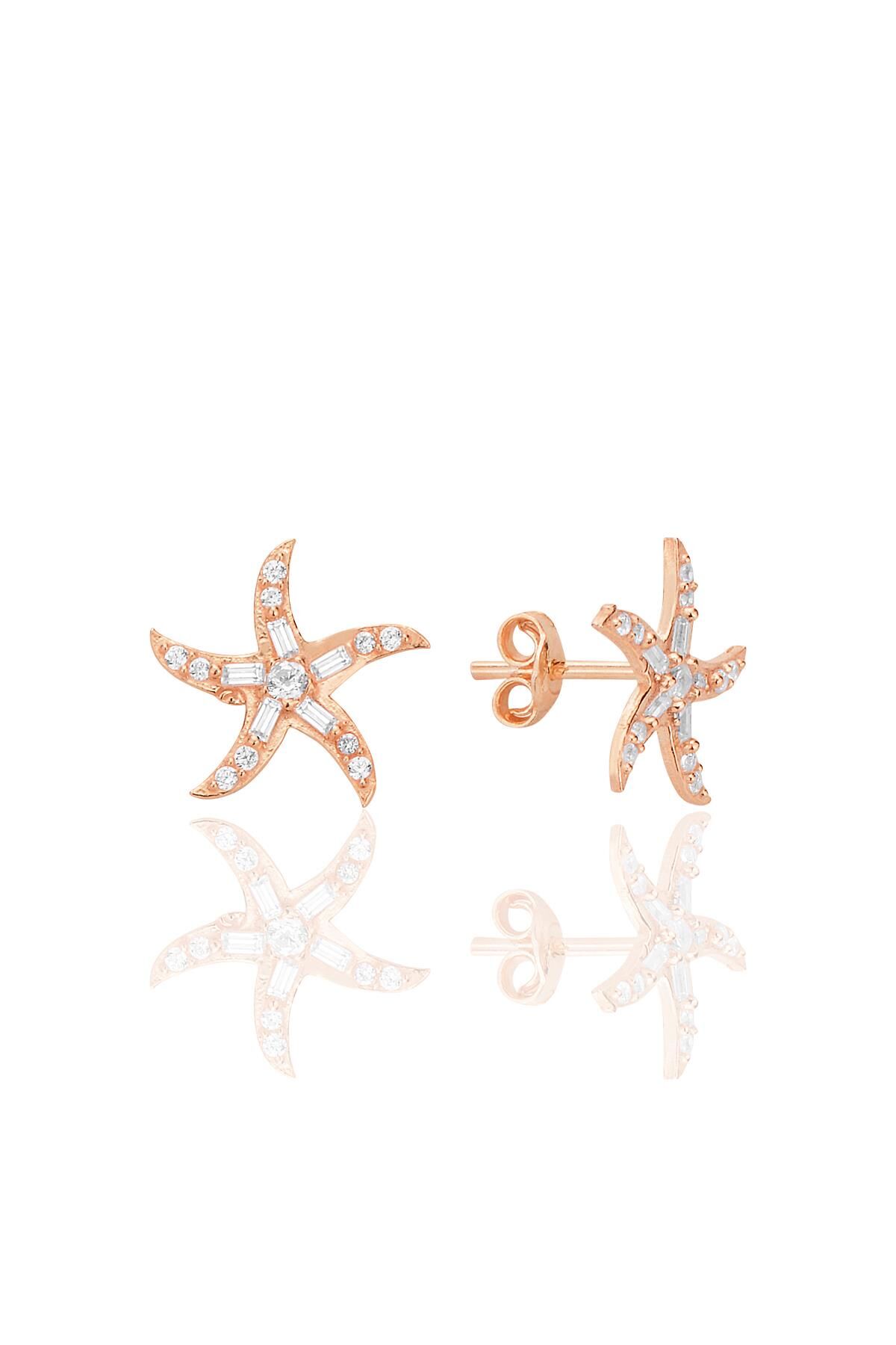 Gümüş rose baget kesim zirkon taşlı deniz yıldızı küpe SGTL12711ROSE