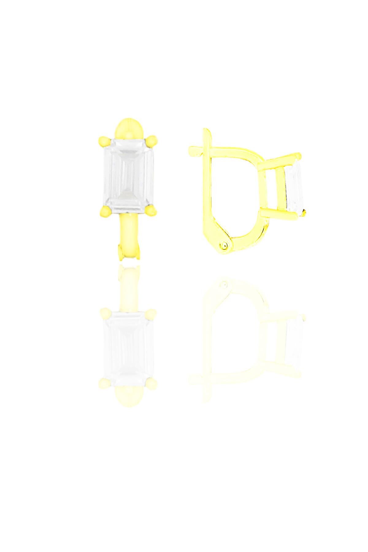 Gümüş altın yaldızlı baget kesim zirkon taşlı  j küpe SGTL11253GOLD