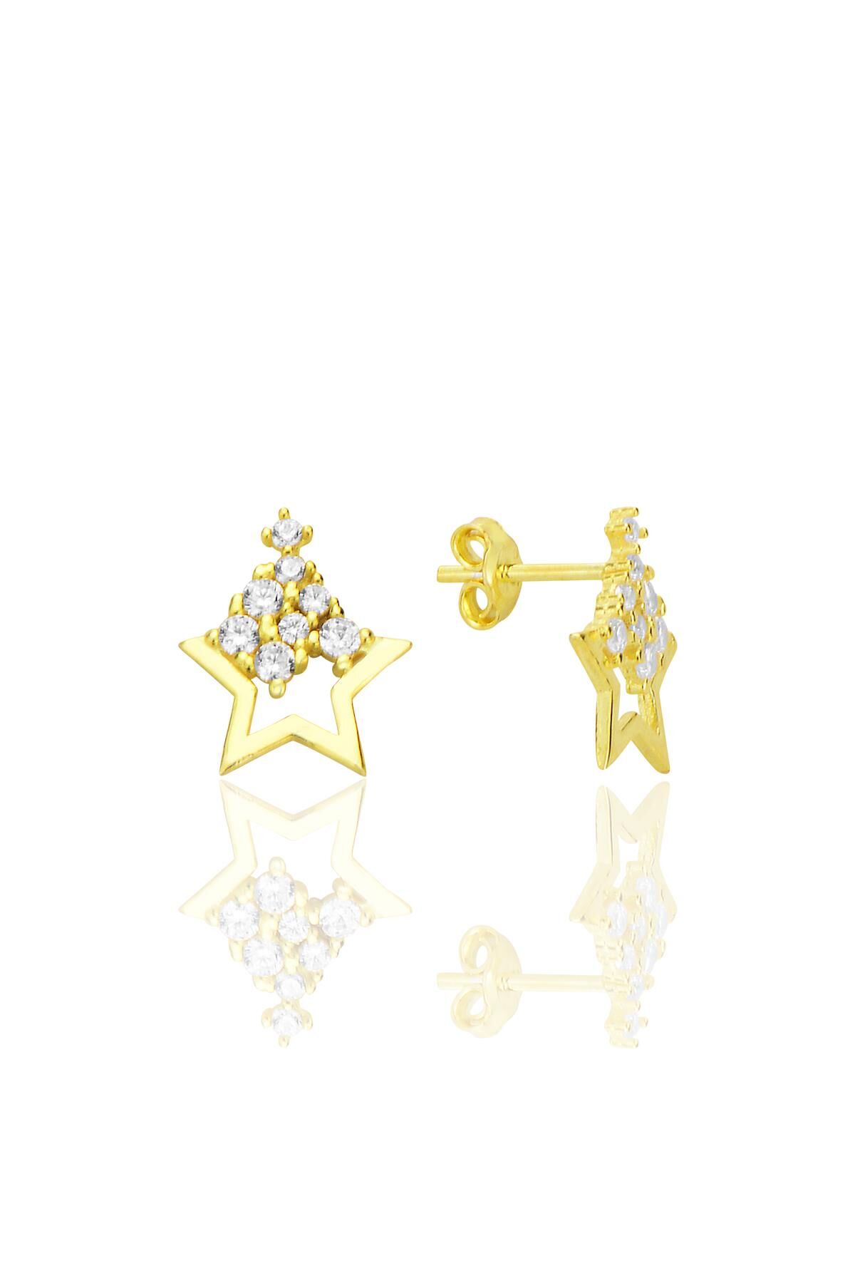 Gümüş altın yaldızlı zirkon taşlı ışıltılı yıldız küpe SGTL12712GOLD