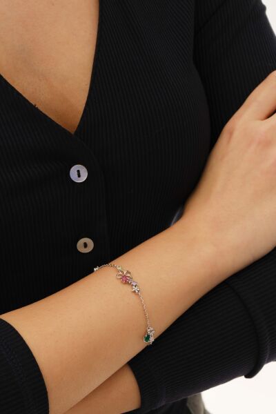 Gümüş rodyumlu renkli zirkon taşlı gizemli çiçek bahçesi kadın bileklik SGTL12650RODAJ