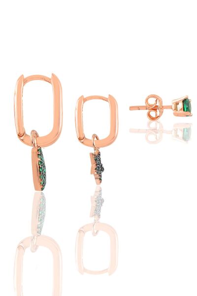 Gümüş rose yeşil taşlı yıldız, kalp ve tektaşlı kombin küpe SGTL12105YESIL