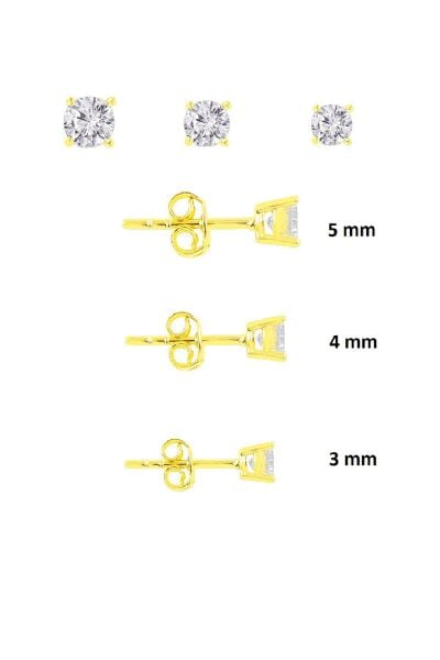 Gümüş altın yaldızlı pırlanta montürlü 3 boy  tektaş kombin küpeler SGTL11302GOLD