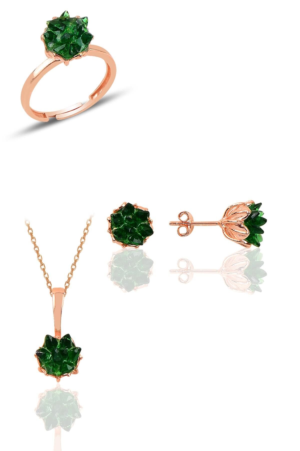 Gümüş Lotus çiçeği modeli zümrüt taş renkli üçlü set SGTL10210SET