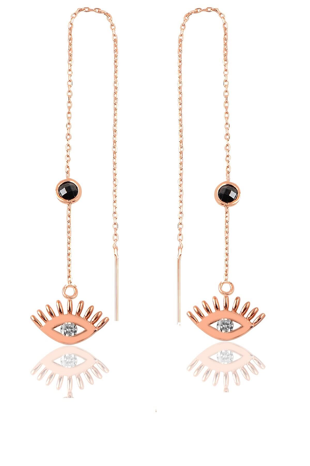 Gümüş  oniks taşlı zincirli küpe  göz modeli SGTL9862SİYAHGOZ