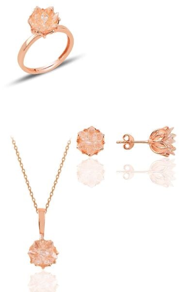 Gümüş Lotus çiçeği modeli (beyaz)zirkon taşlı üçlü set SGTL10211SET