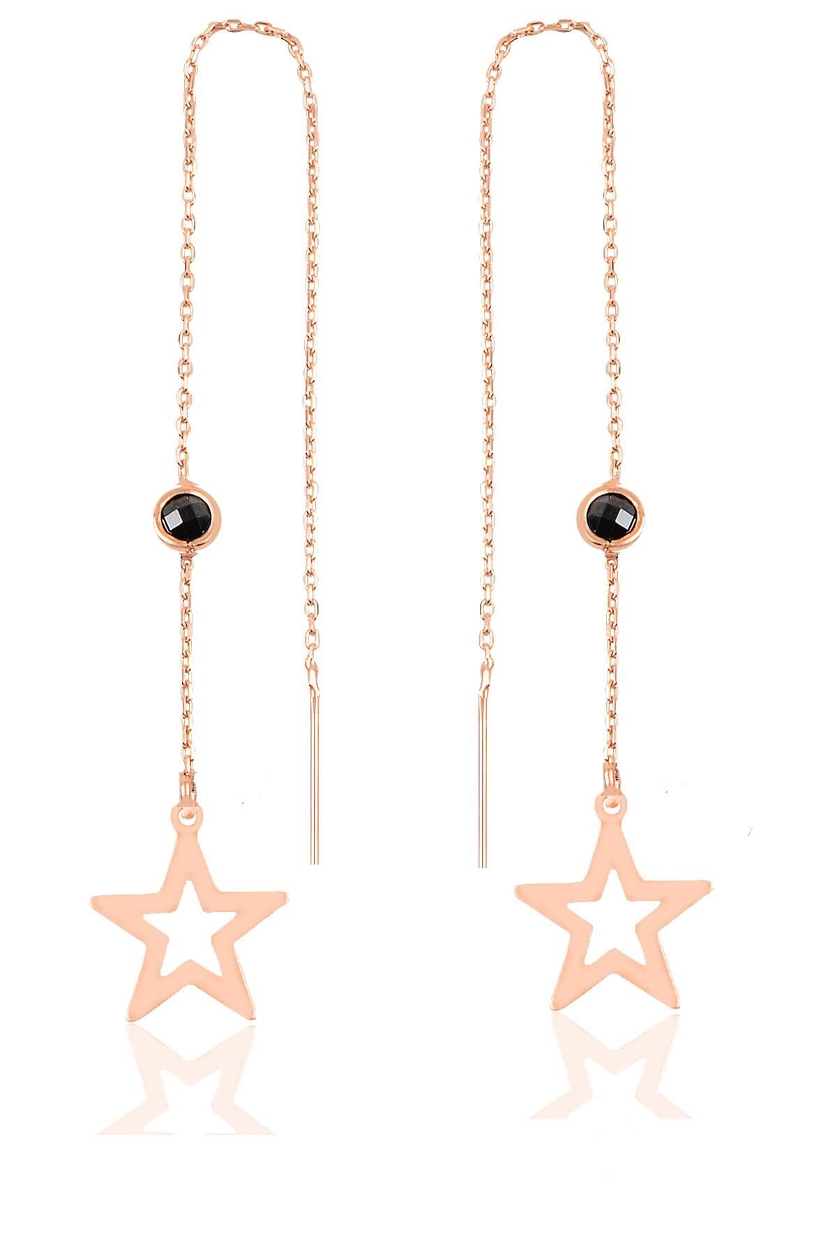 Gümüş  oniks taşlı zincirli küpe  yıldız modeli SGTL9862SİYAHİYILDIZ