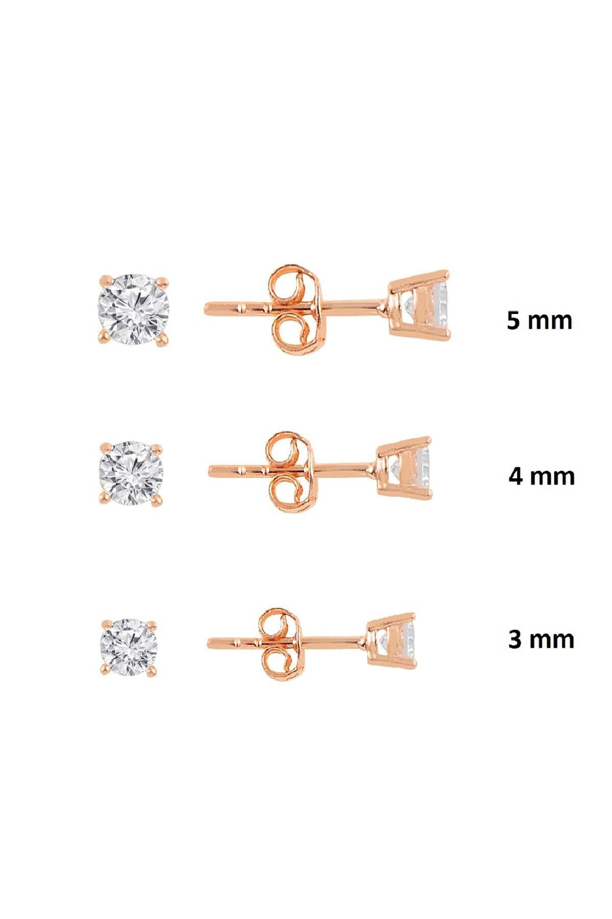 Gümüş rose pırlanta montürlü 3 boy tektaş kombin küpeler SGTL11300ROSE
