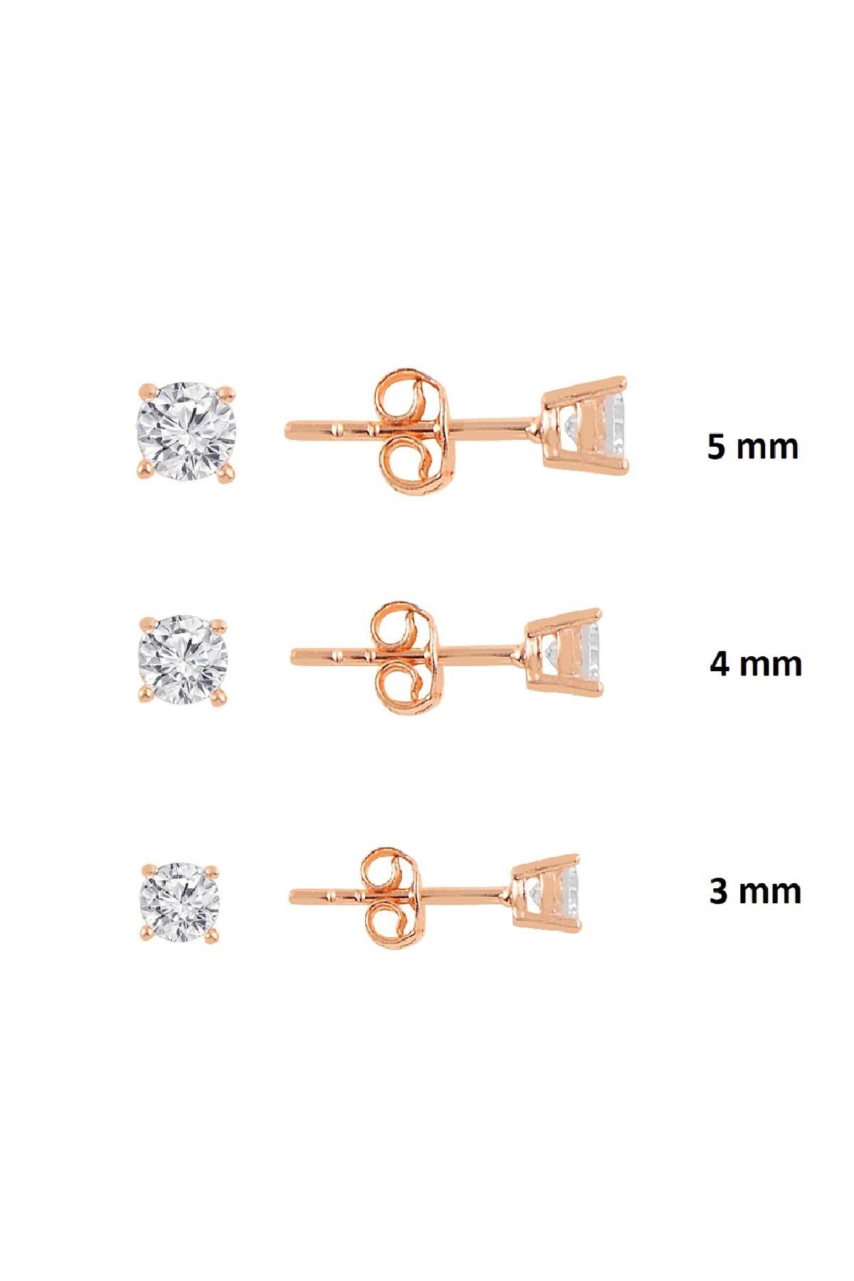 Gümüş rose pırlanta montürlü 3 boy tektaş kombin küpeler SGTL11300ROSE