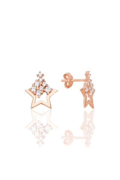 Gümüş rose zirkon taşlı ışıltılı yıldız küpe SGTL12712ROSE