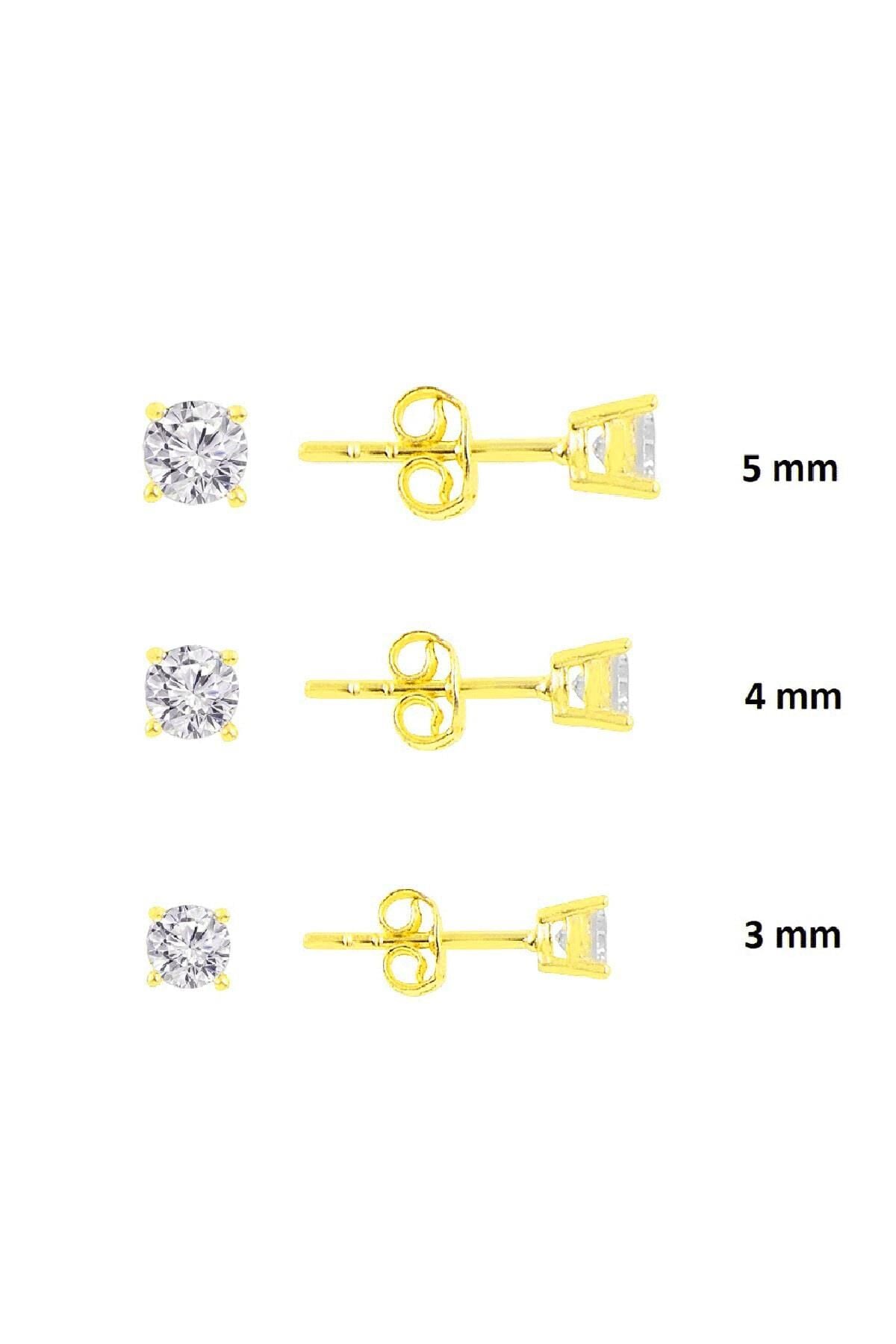 Gümüş altın yaldızlı pırlanta montürlü 3 boy  tektaş kombin küpeler SGTL11300GOLD