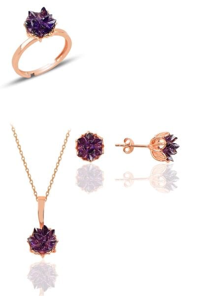 Gümüş Lotus çiçeği modeli amatis taş renkli üçlü set SGTL10212SET
